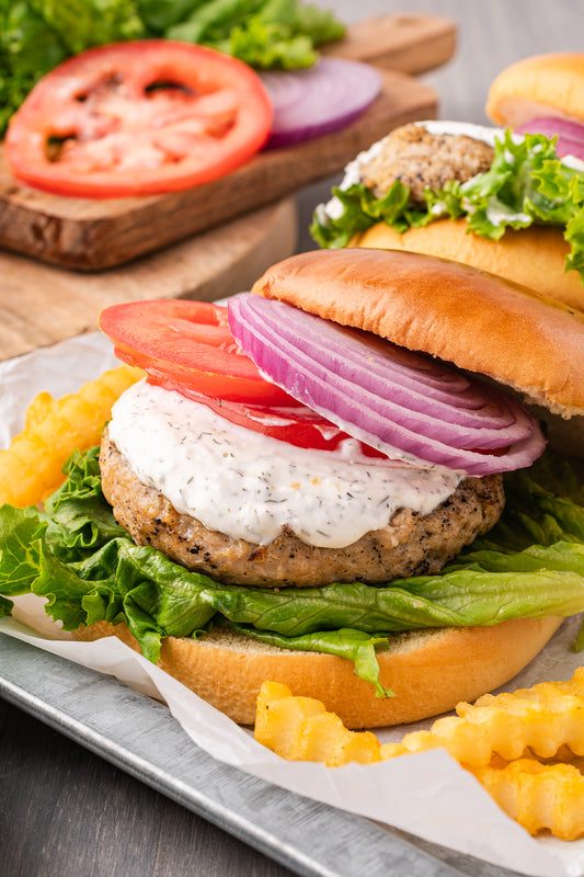 Ground Chicken Burgers with Garlic Feta Sauce